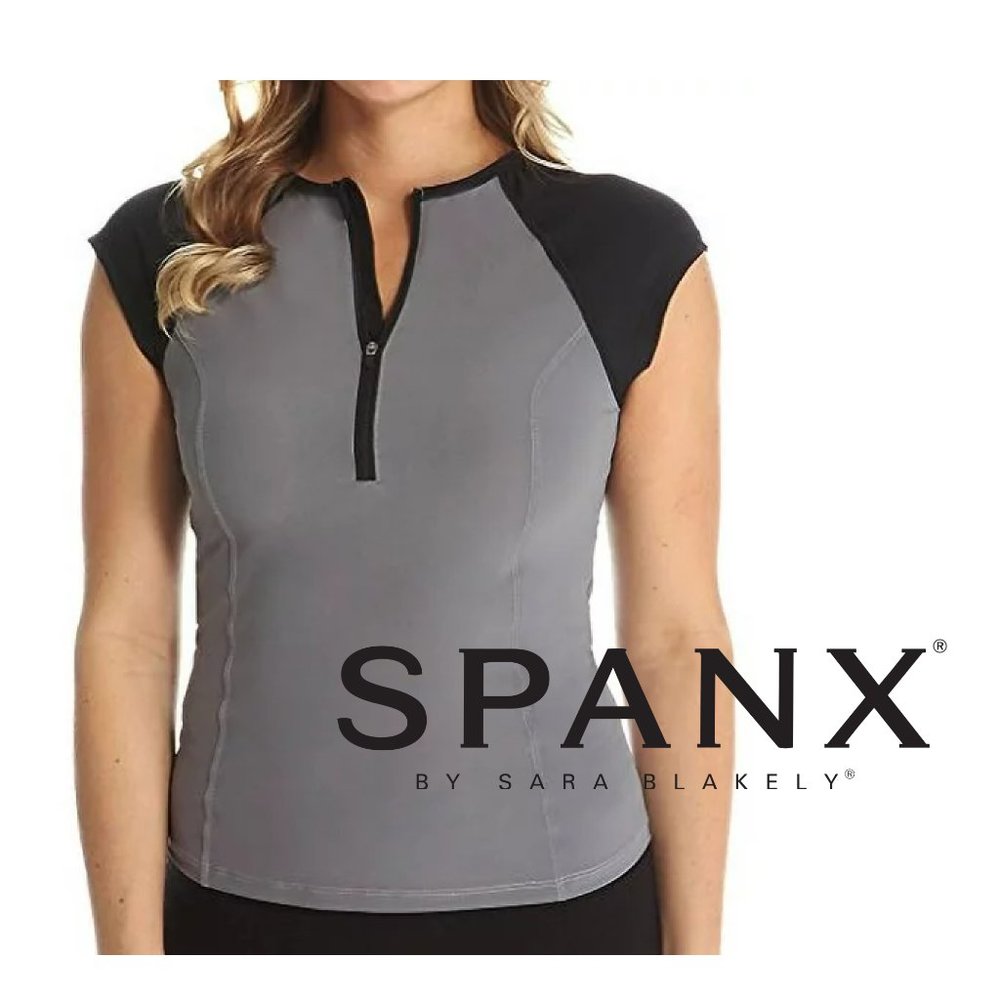 SPANX Gray Black Cap Sleeve Athletic Top with Built-In Sun Protection